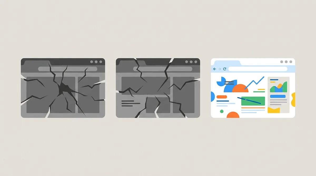 Three browser windows side by side, two greyed out and cracked, the third one bright and working
