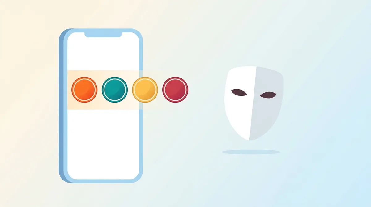 A phone screen showing a row of circular story rings with an anonymous mask shape floating beside it