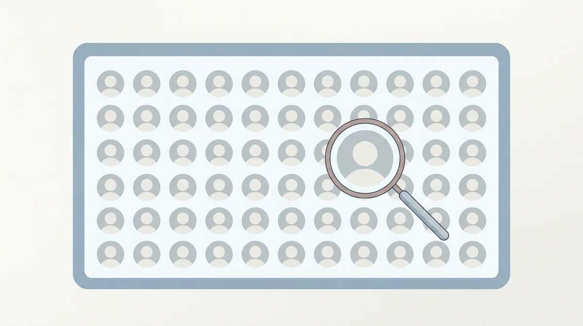 A grid of small blank circular profile avatars on a screen with a magnifying glass hovering over one of them